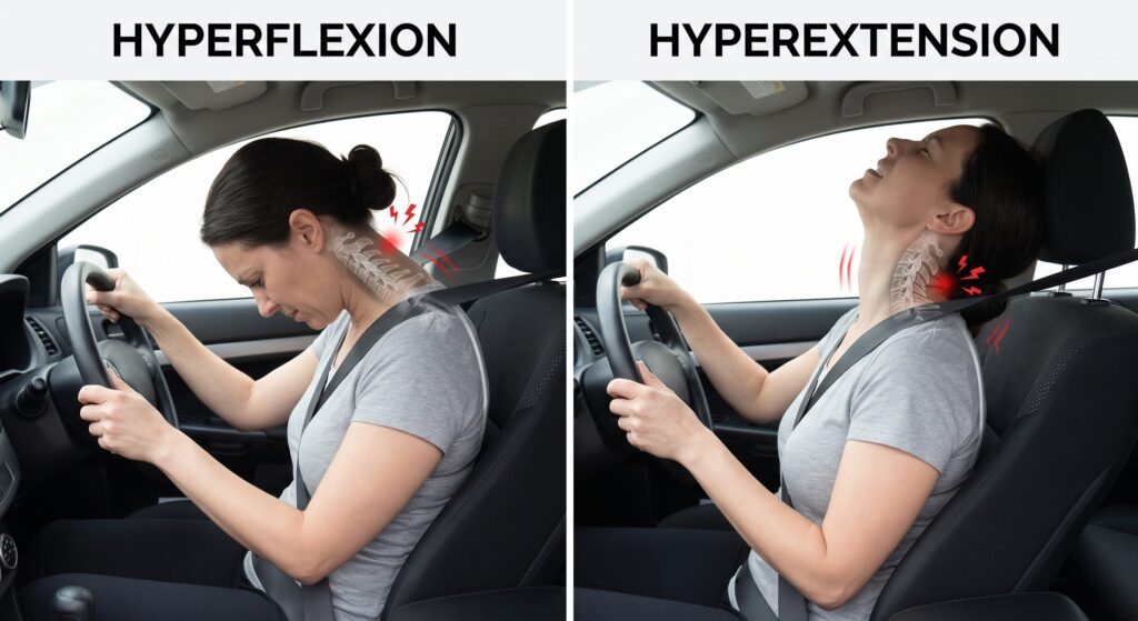 Whiplash treatment in Burnaby & Surrey. Hyperflexion and hyperextension explanation at Healing Sense Clinic 