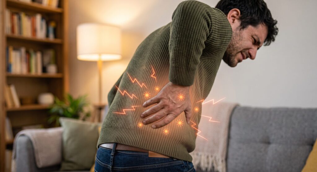 patient having a lower back pain and looking for a treatment in Burnaby & Surrey Healing Sense Clinic