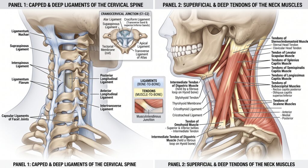 whiplash injury: neck cervical spine showing ligaments and tendons, and muscles around cervical spine.